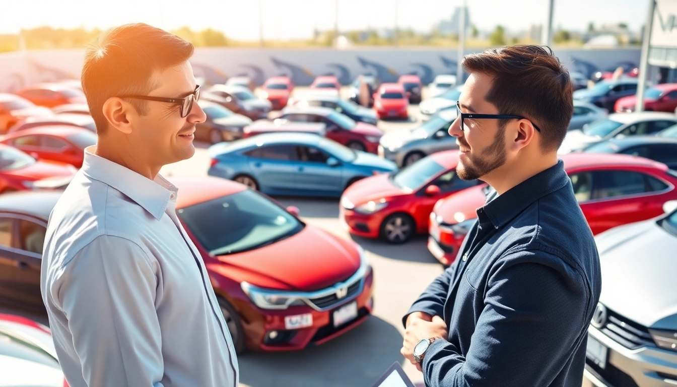 Find Used Vehicles displayed in a professional outdoor dealership setting featuring a friendly sales interaction.