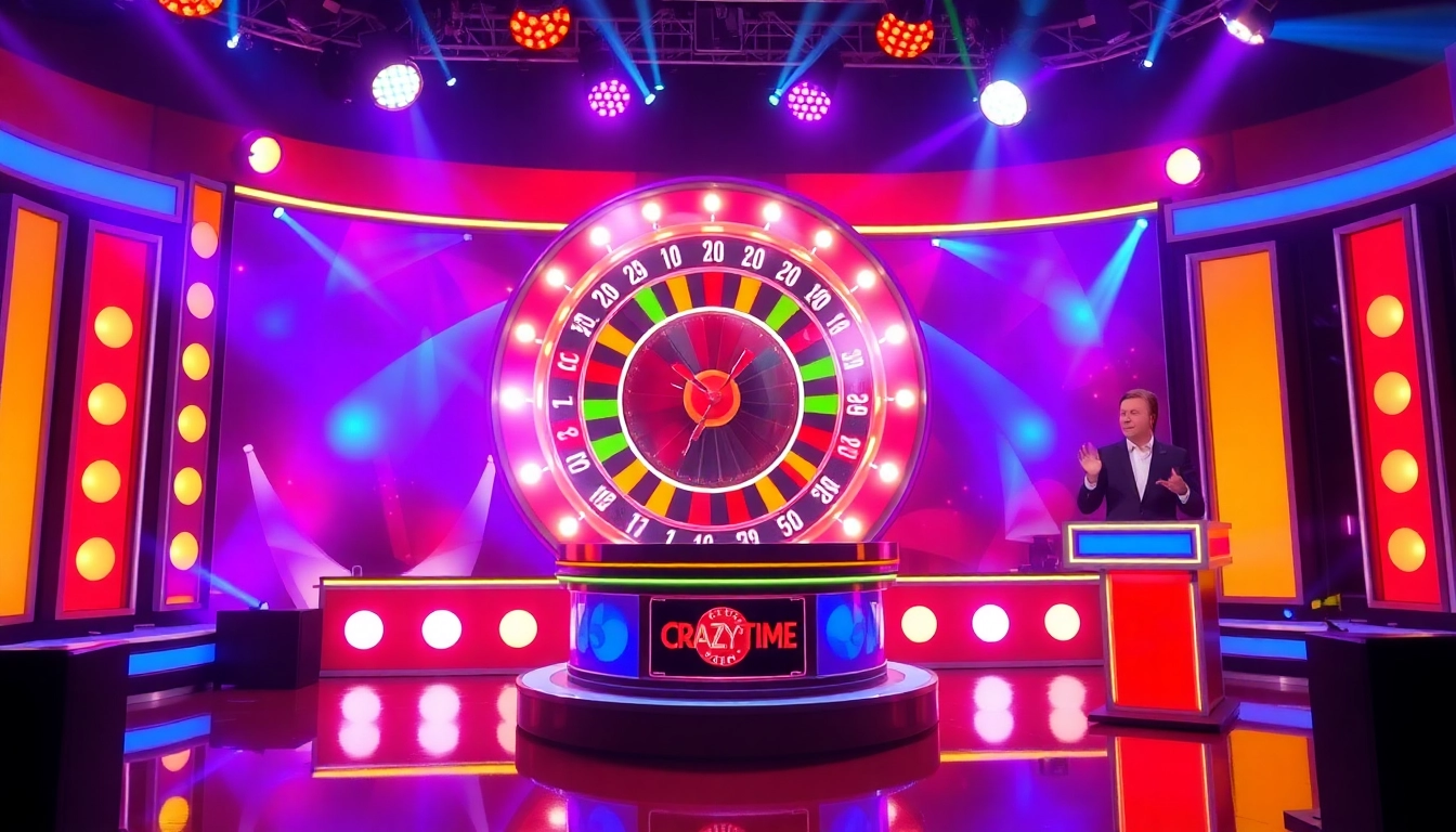 Watch Crazy Time live on an exciting, colorful game show set with a vibrant roulette wheel and engaging host.