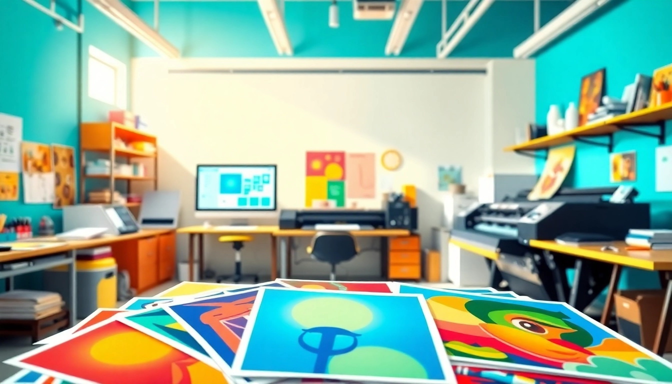 Showcase of school poster printers with vibrant samples and a creative workspace ambiance.