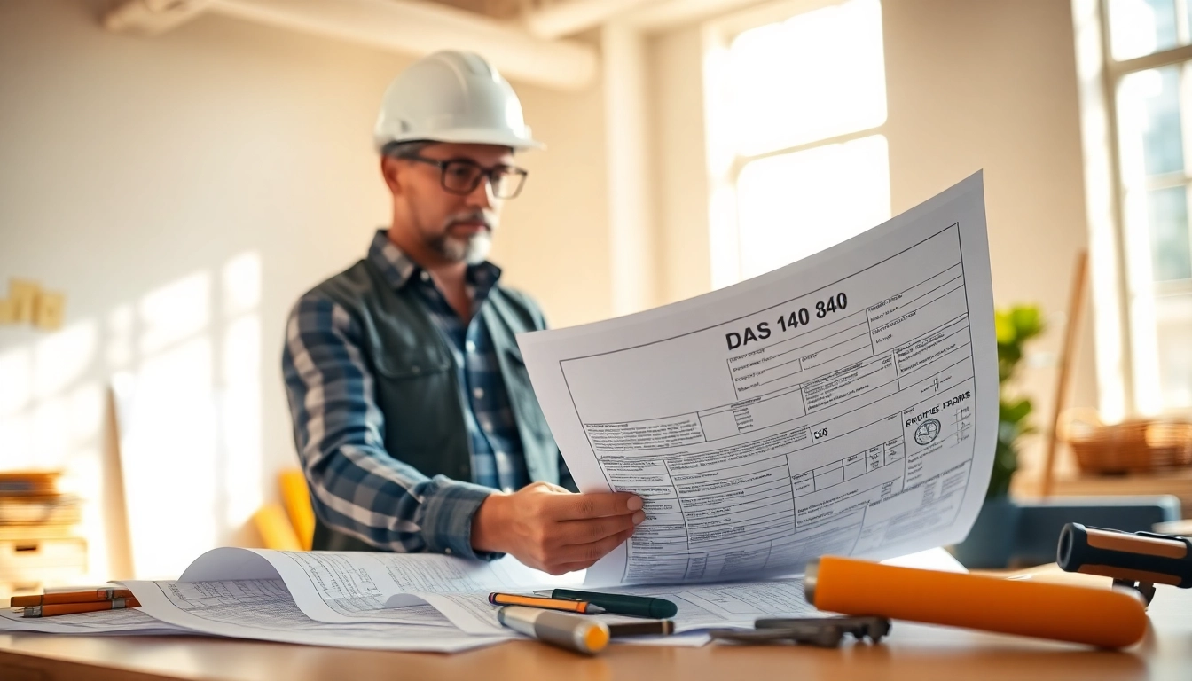 Contractor examining das 140 forms in a detailed office setup.