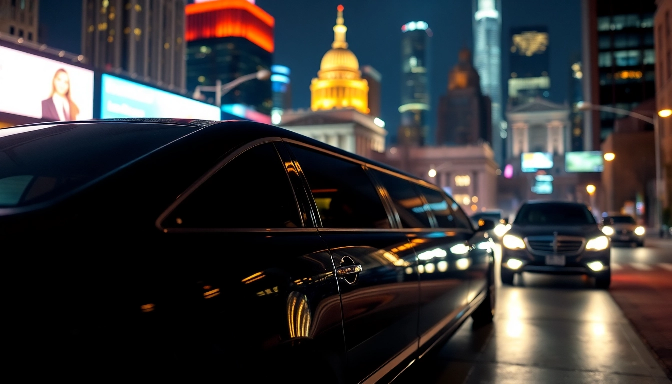 Experience nationwide limo service dc with a luxury black limo shining in a vibrant cityscape.