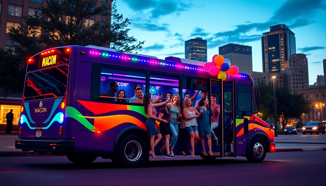 Excited friends boarding a macon party bus decorated with colorful lights and vibrant ambiance.