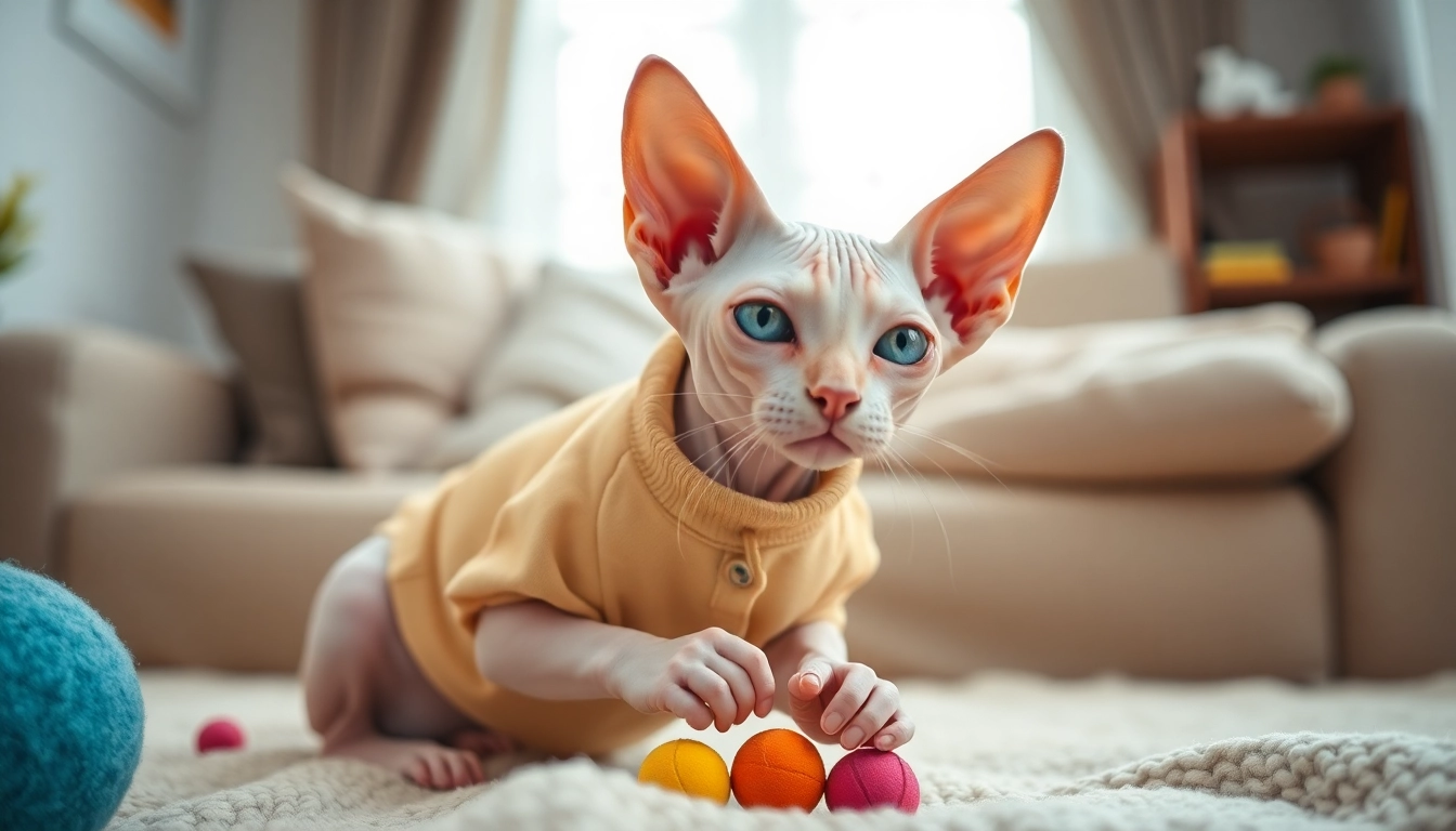Stylish PIKAPIKA Sphynx Clothes on a playful cat, enhancing its adorable presence.