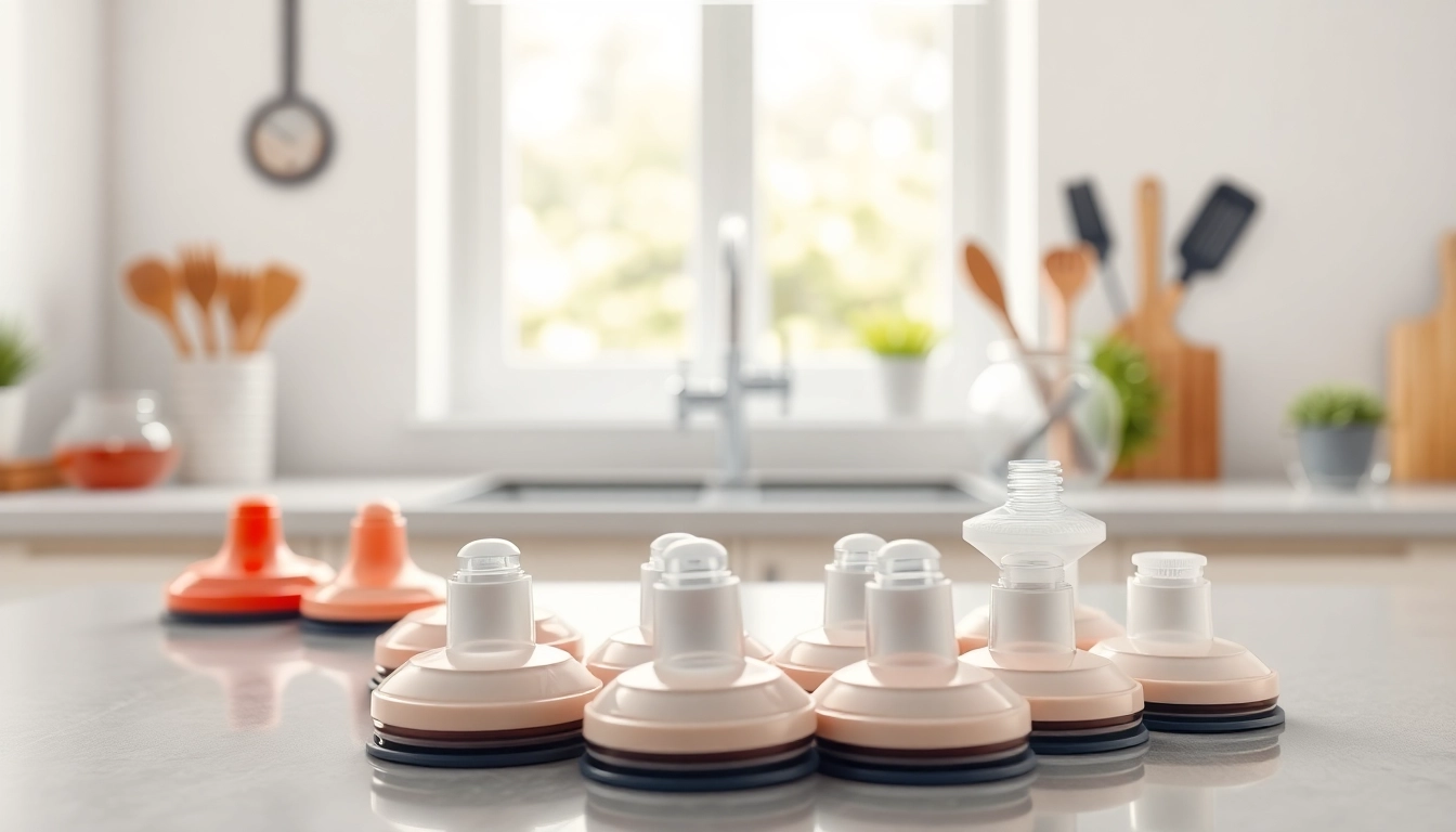 Suction cup display showcasing various sizes in a bright kitchen.
