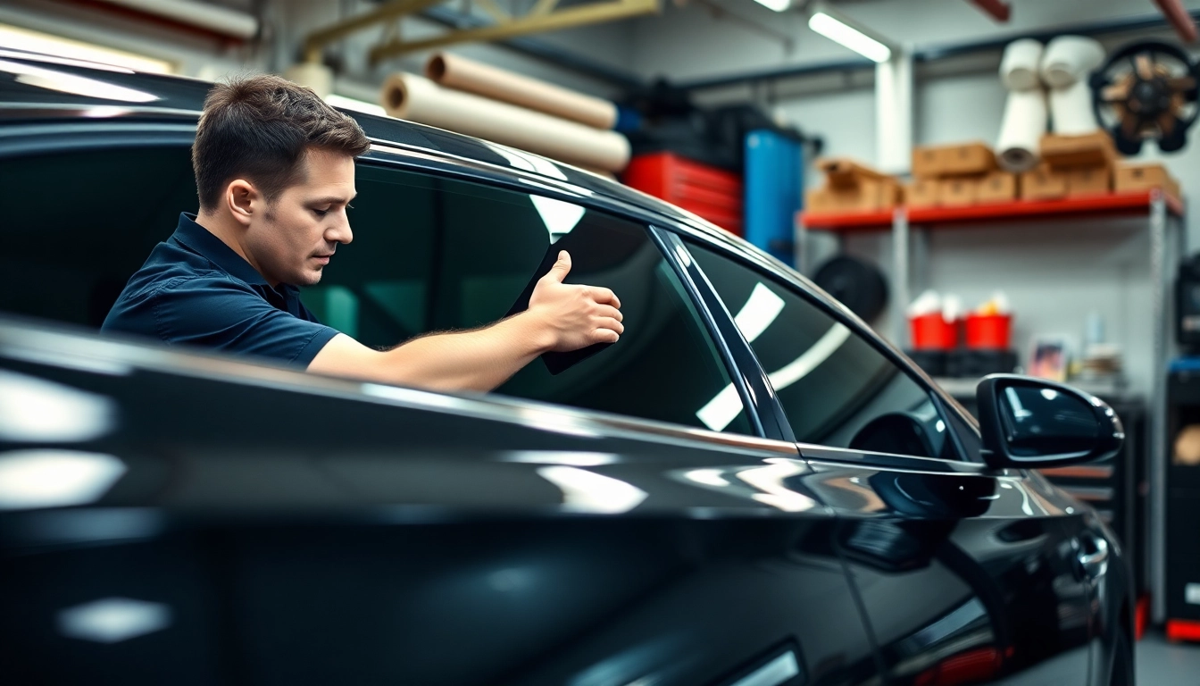 Get professional car tint near me with a technician expertly applying window film to a vehicle.