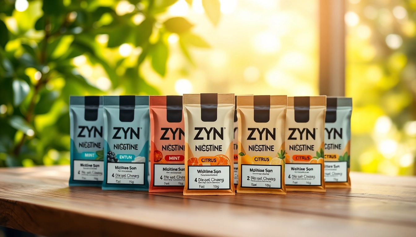 Discover refreshing ZYN nicotine pouches in diverse flavors displayed on a rustic wooden table.