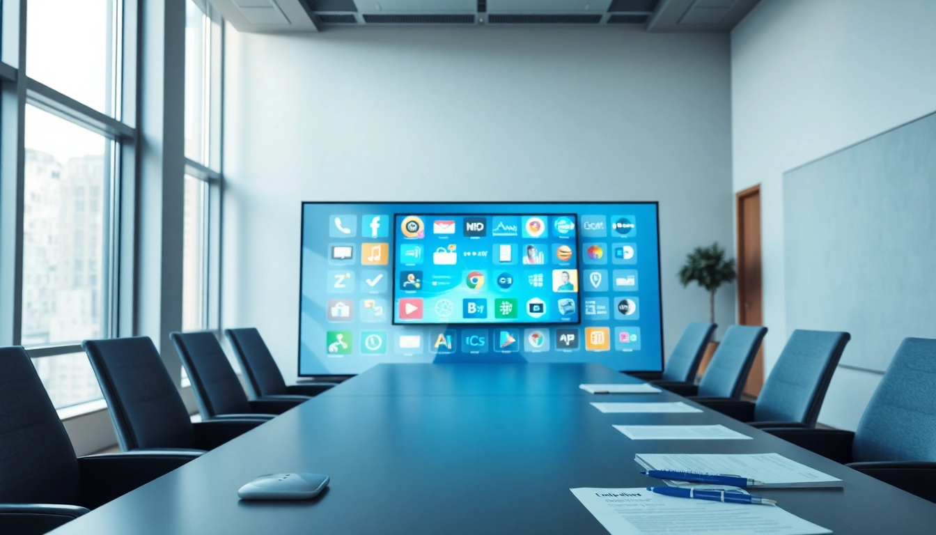 Engaging interactive touch panel facilitating collaborations in a modern office setting.