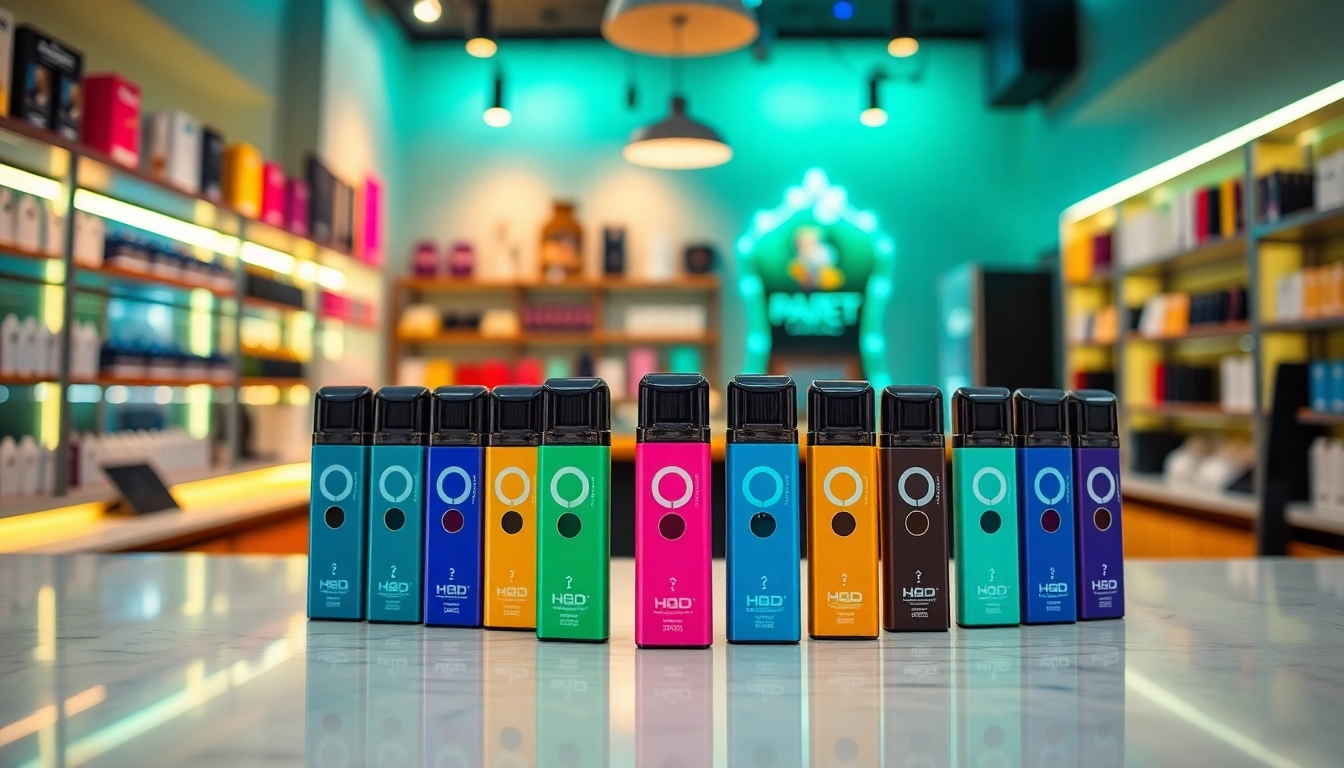 Erkunde verschiedene Hqd pods auf einem eleganten Verkaufsstand in einem modernen Vape-Shop.