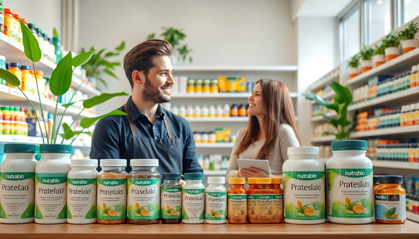 Nutrabio supplements displayed in a lively health store, showcasing product variety and customer interaction.