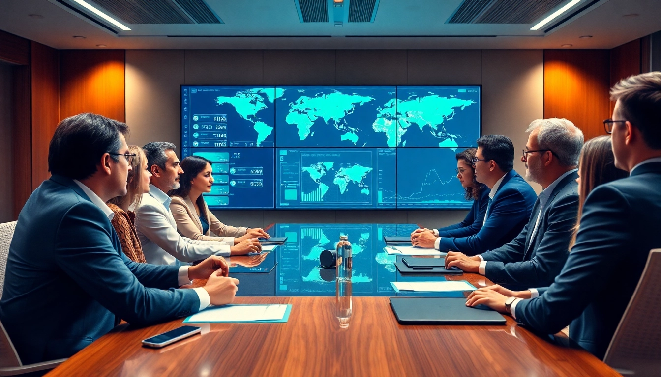 Discussing trade agreements among diverse professionals in a modern conference setting