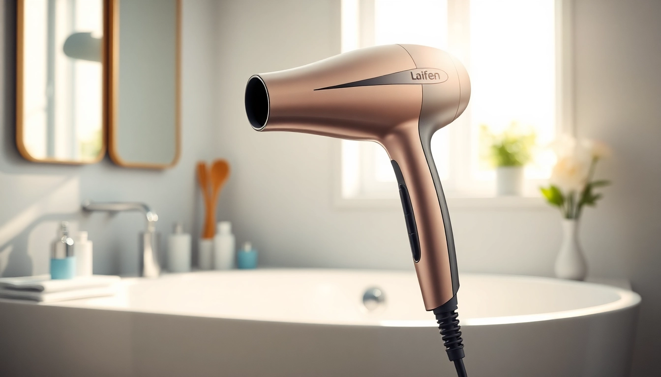 Using the Laifen hair dryer to style hair in a modern bathroom setting