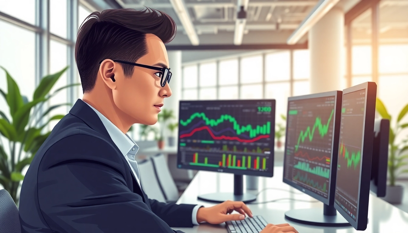 Stock picker analyzing financial charts in a modern office with bright lighting.