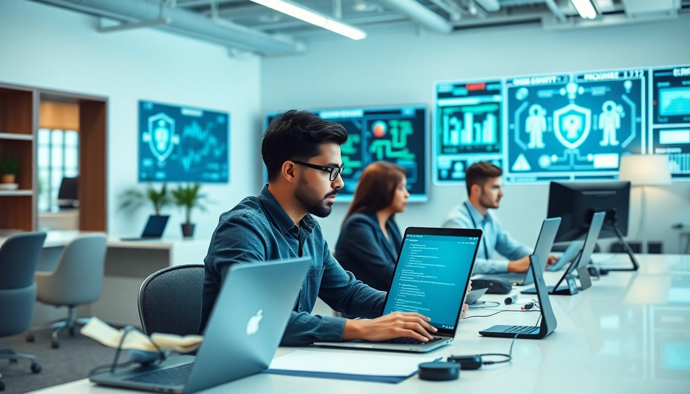 Cyber security services team analyzing data in a high-tech office setup for safety.