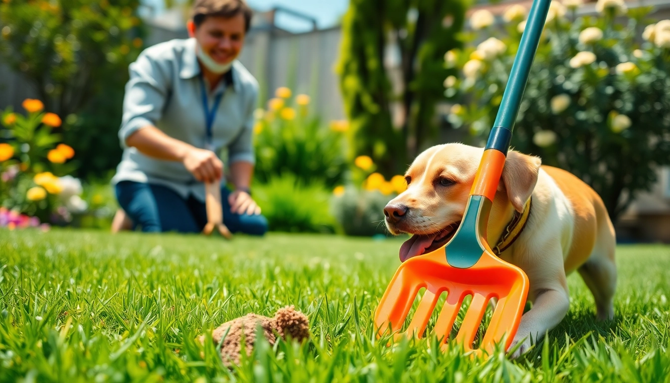 Clean up dog poop using a colorful ergonomic scoop in a sunny backyard.