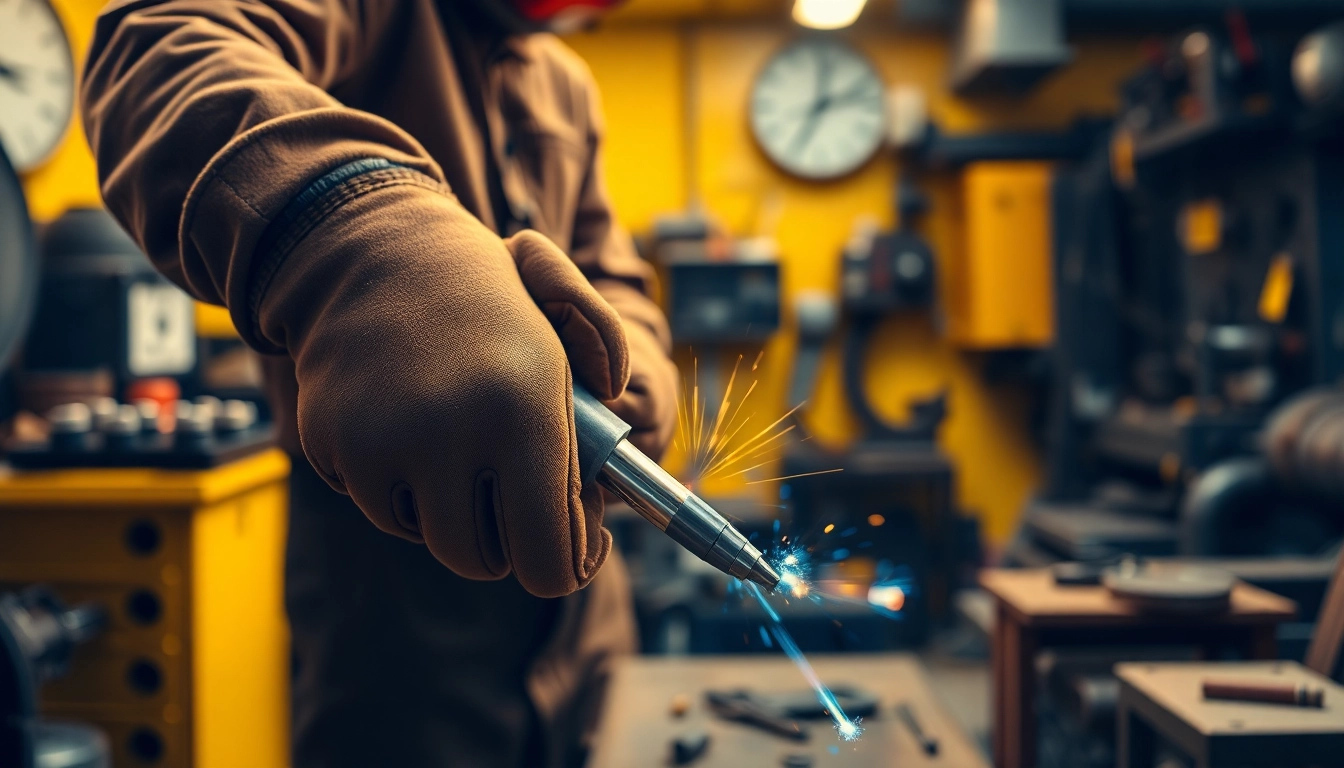 Welder using rugged welding gloves while welding metal in a workshop.