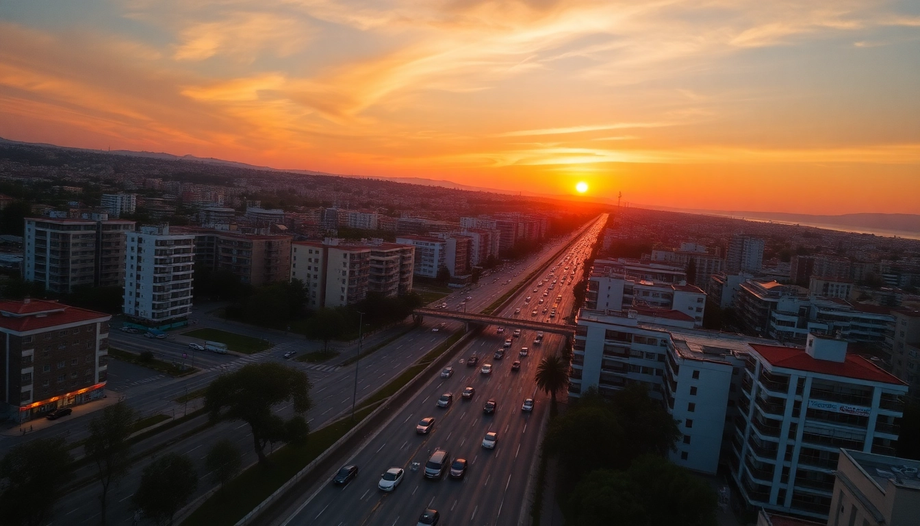 Düzce haber son dakika: Aerial view showcasing urban traffic and vibrant city life at sunset.