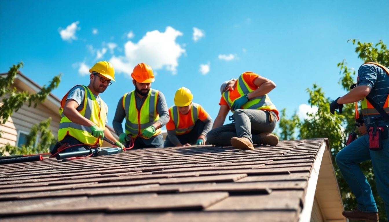 Emergency roof repair Texas with professionals repairing a roof, showcasing teamwork and urgency.