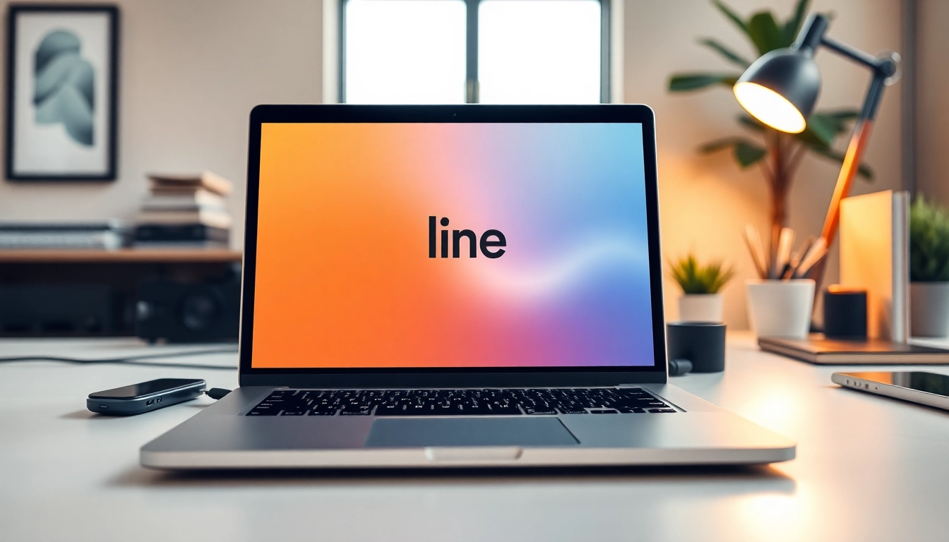 Download the 電腦版line下載 app interface shown on a sleek laptop in a modern workspace.