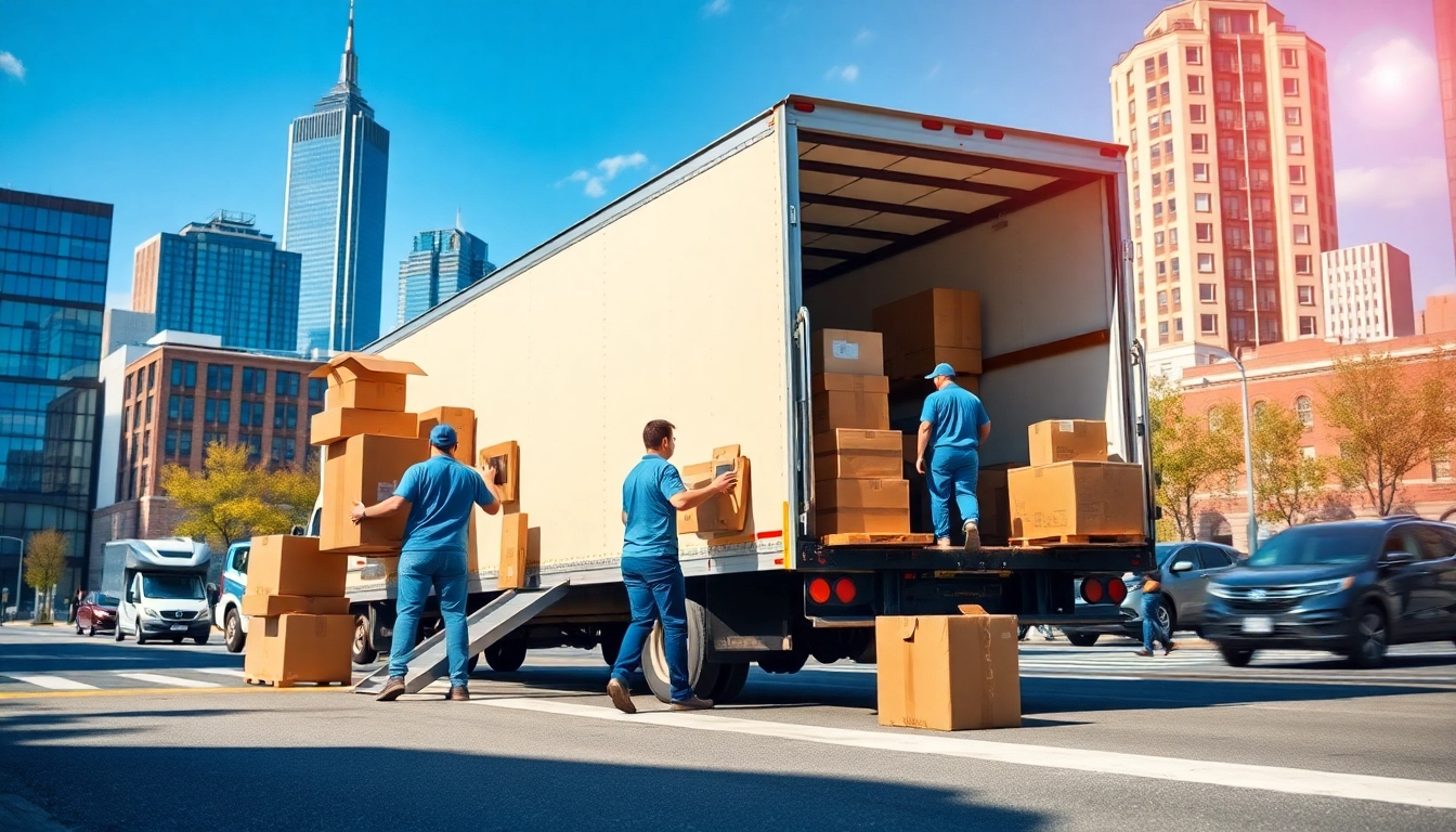Queens movers efficiently loading furniture into a truck, showcasing professionalism in a bustling urban environment.