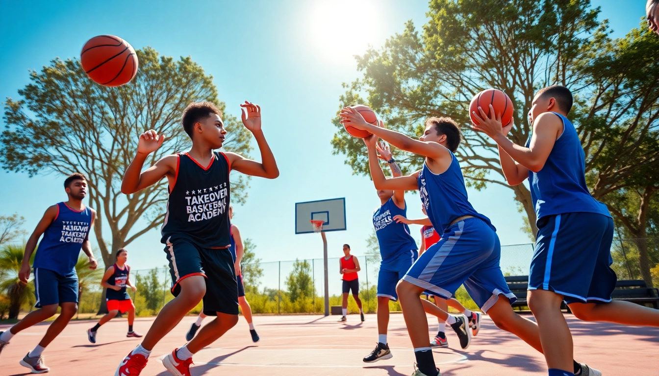 Youth athletes training at Takeover Basketball Academy during an energetic session outdoors.