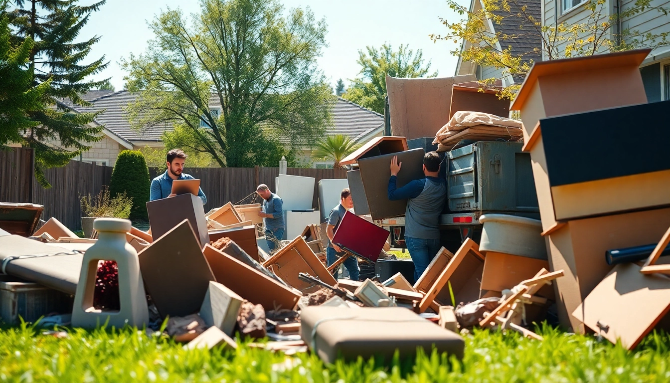 Junk removal service team clearing clutter from a residential yard with professional determination.