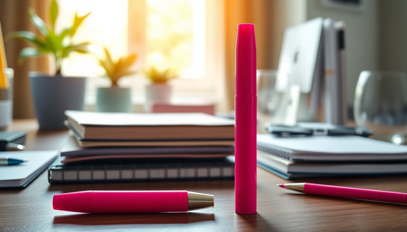 Highlight important notes with a vibrant pink highlighter pen on a modern desk.