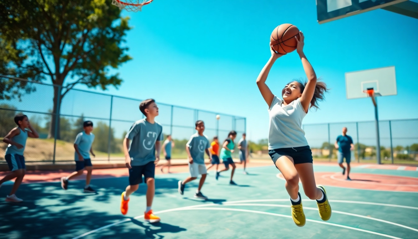 Young basketball enthusiasts practicing skills at an outdoor court, showcasing teamwork and energy.