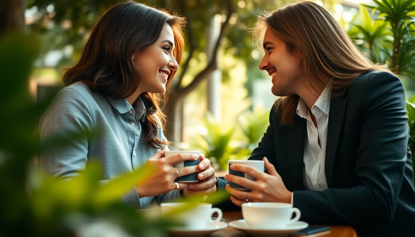Couple discussing communication in relationships at a café, emphasizing connection and openness.