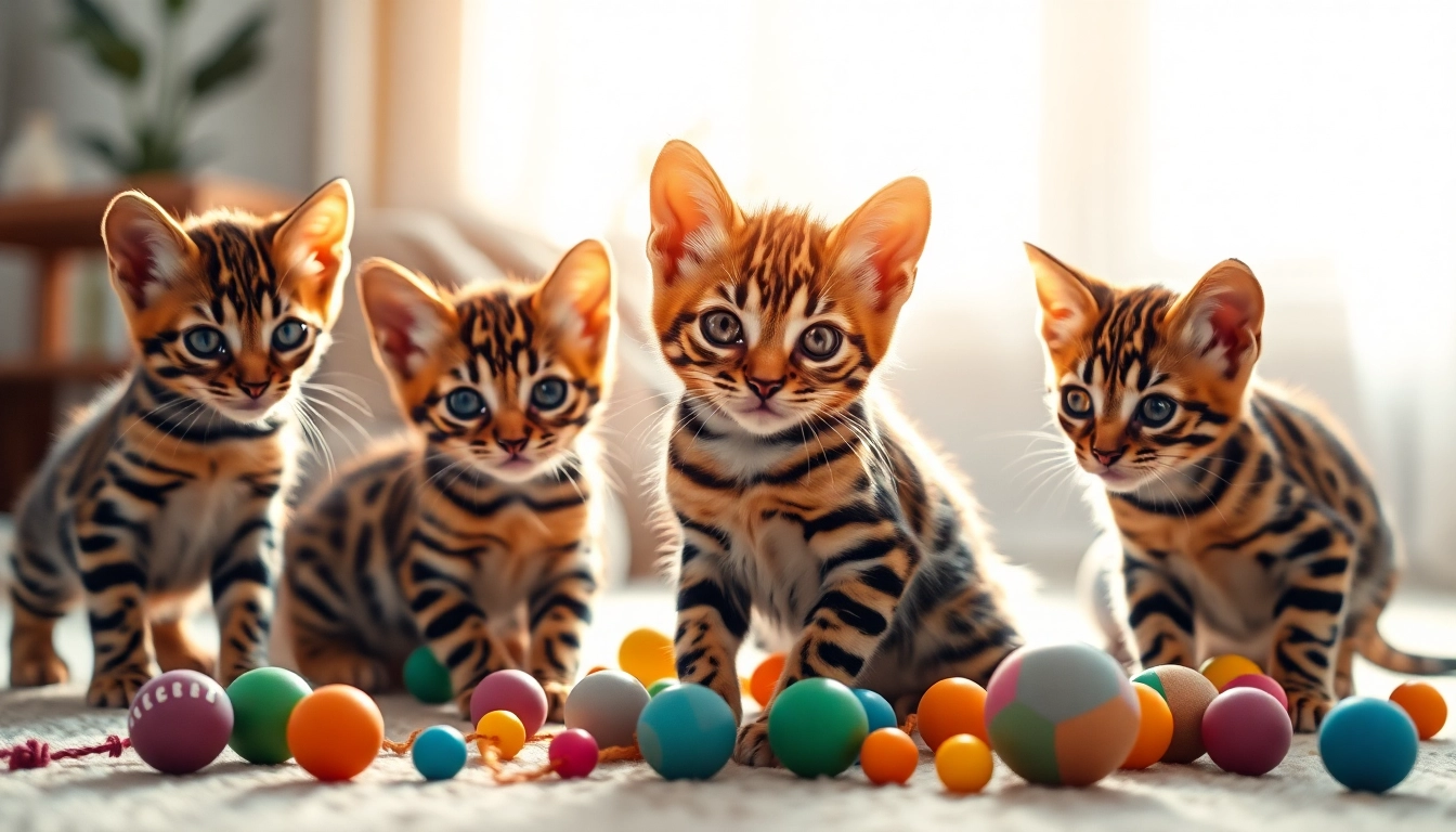 Playful Bengal Kittens for Sale exploring a bright living room with colorful toys.