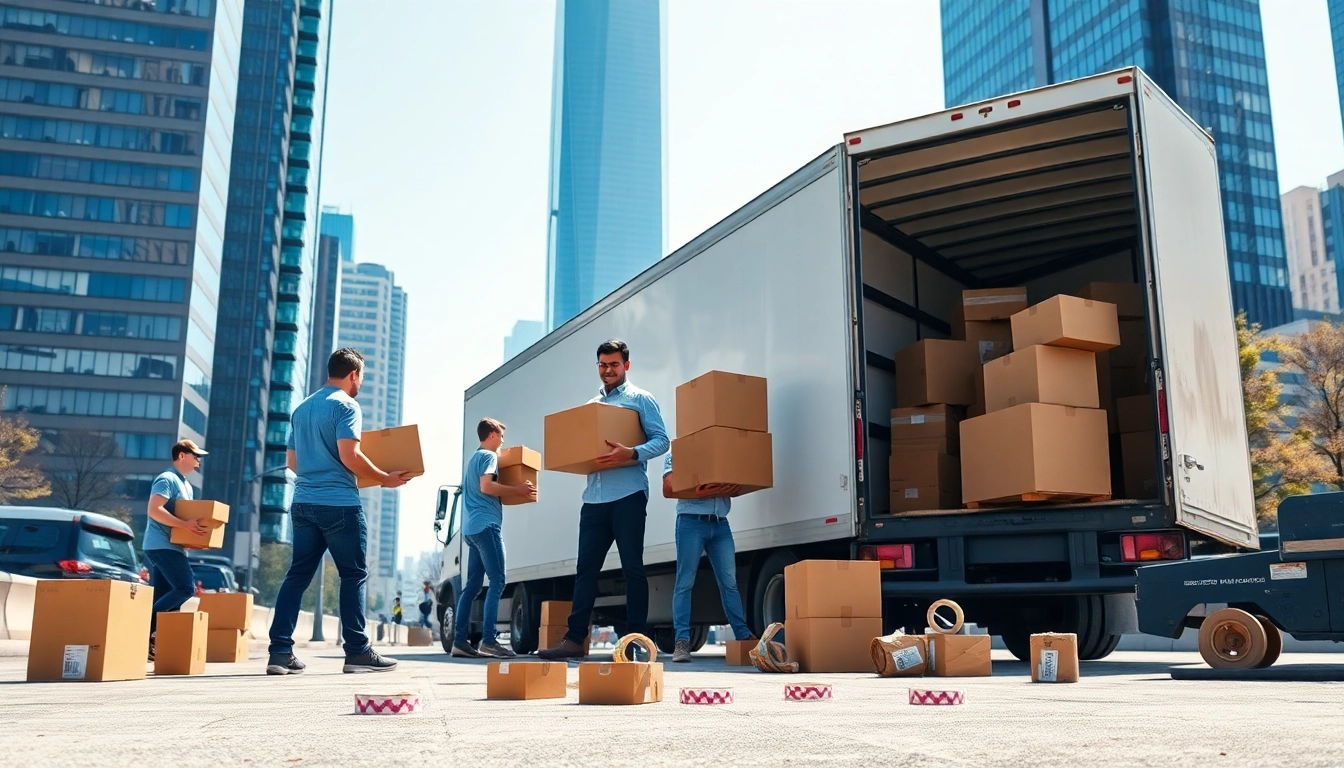 Moving company Canada team expertly handles boxes and truck in a vibrant urban environment.