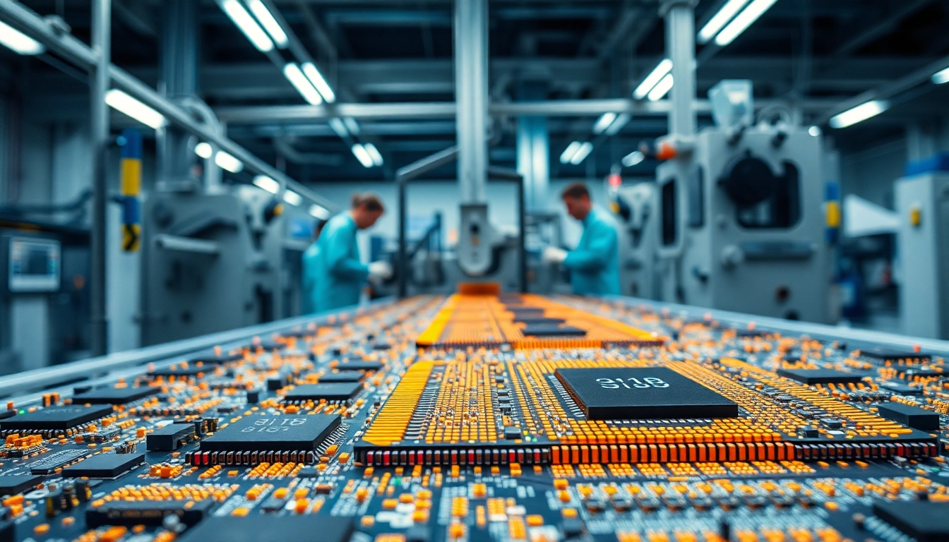 Showcasing vibrant microchips within a high-tech production setting, highlighting semiconductor innovation.
