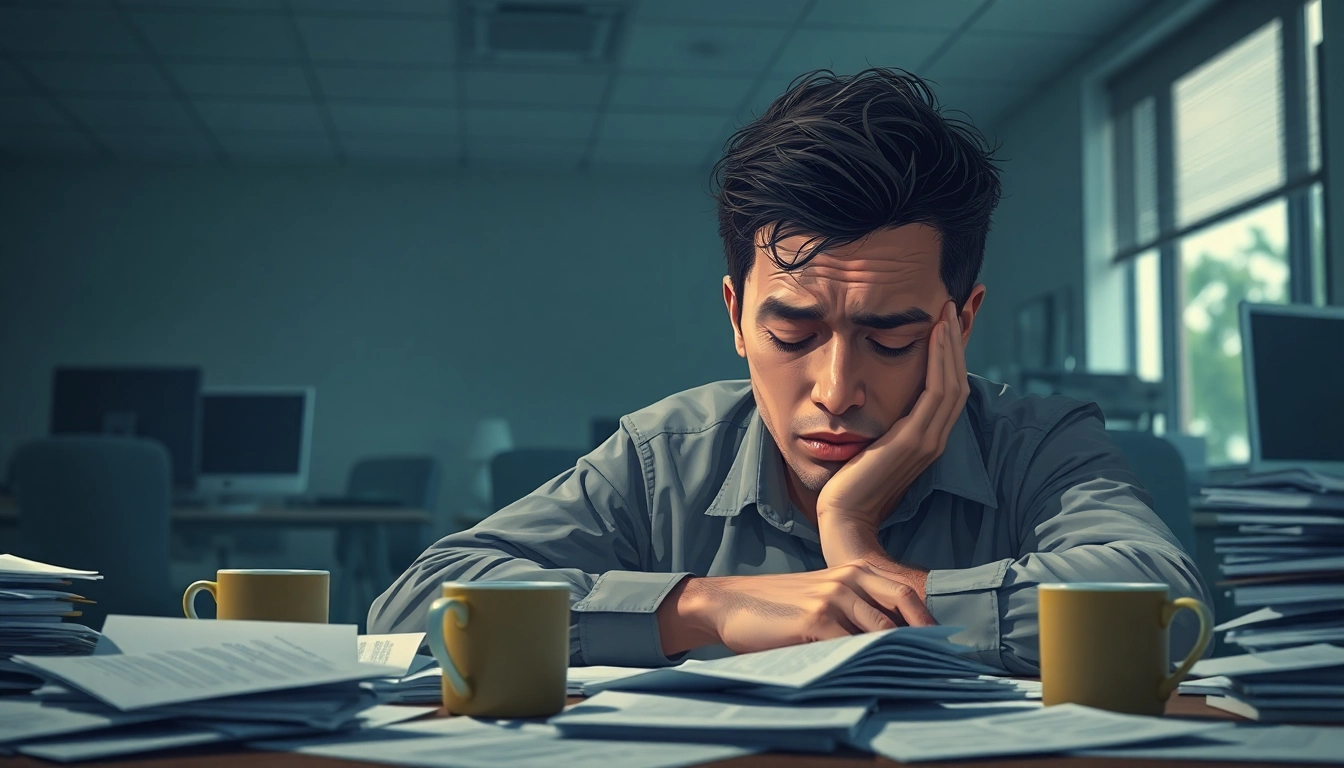 Visual representation of burnout syndrome showing a stressed individual in an office setting.