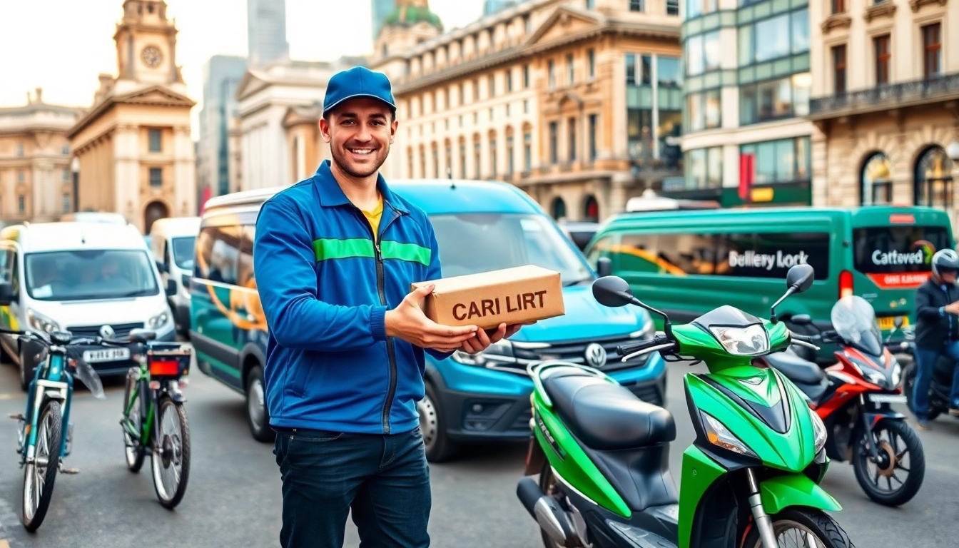 Efficient same day courier service London with a courier delivering a package in a bustling urban environment.