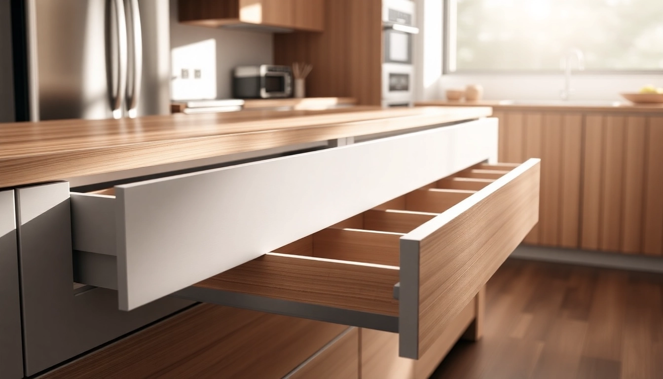 Sleek slim box drawer system enhancing modern kitchen aesthetics with soft-close functionality.