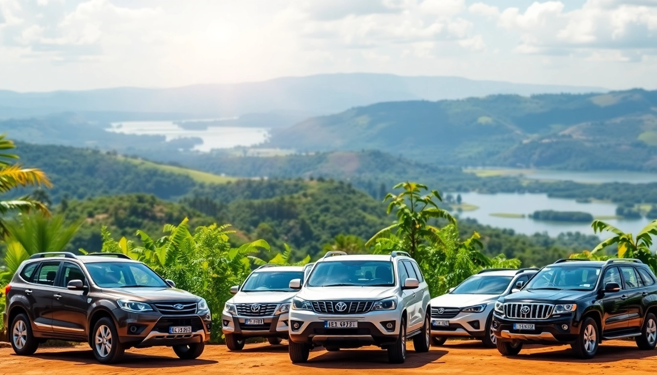 Car rental in Uganda showcasing diverse vehicles and scenic landscapes for rental services.