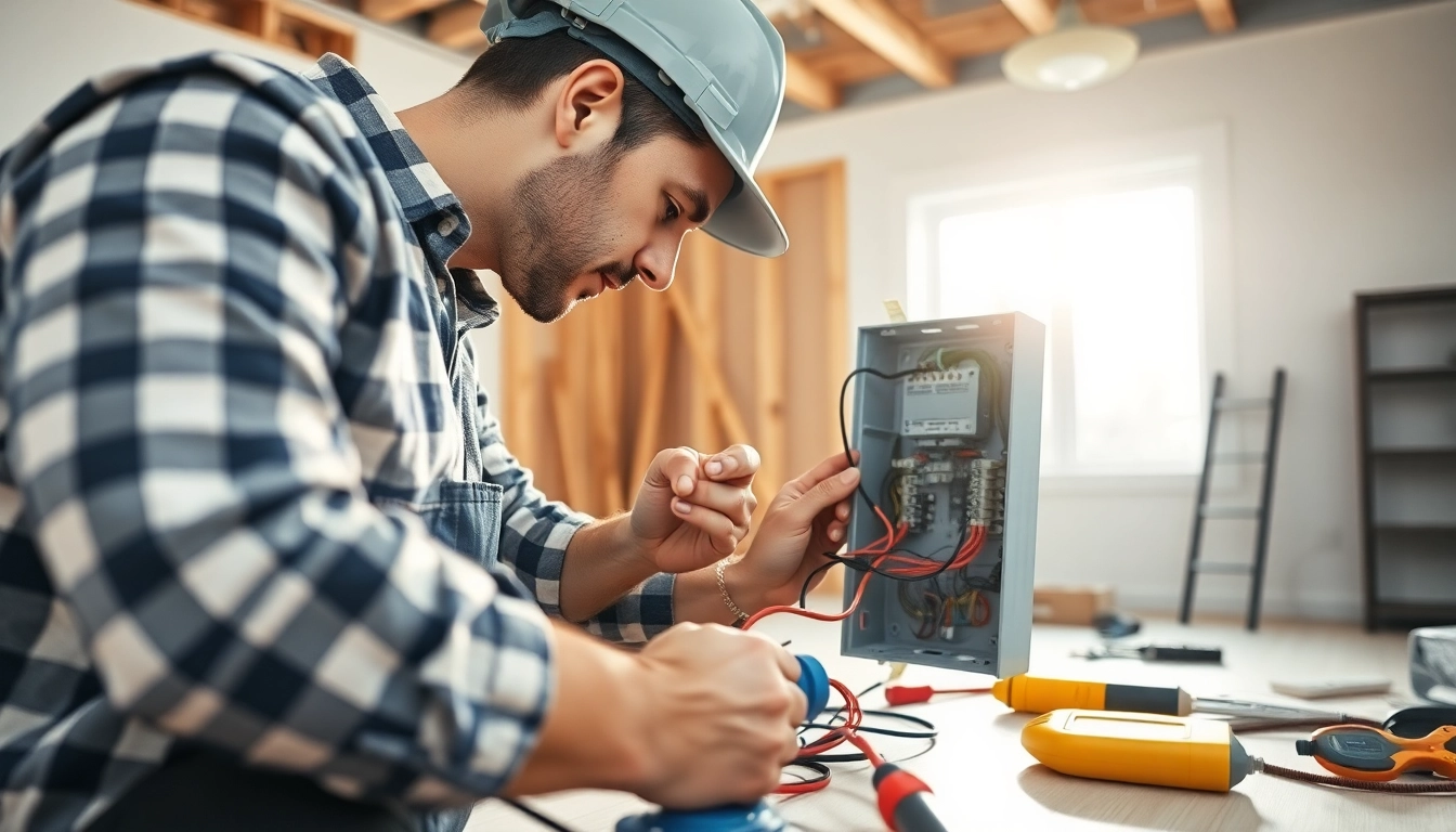 Electrician installing wiring in a residential home, showcasing tools and equipment in action.