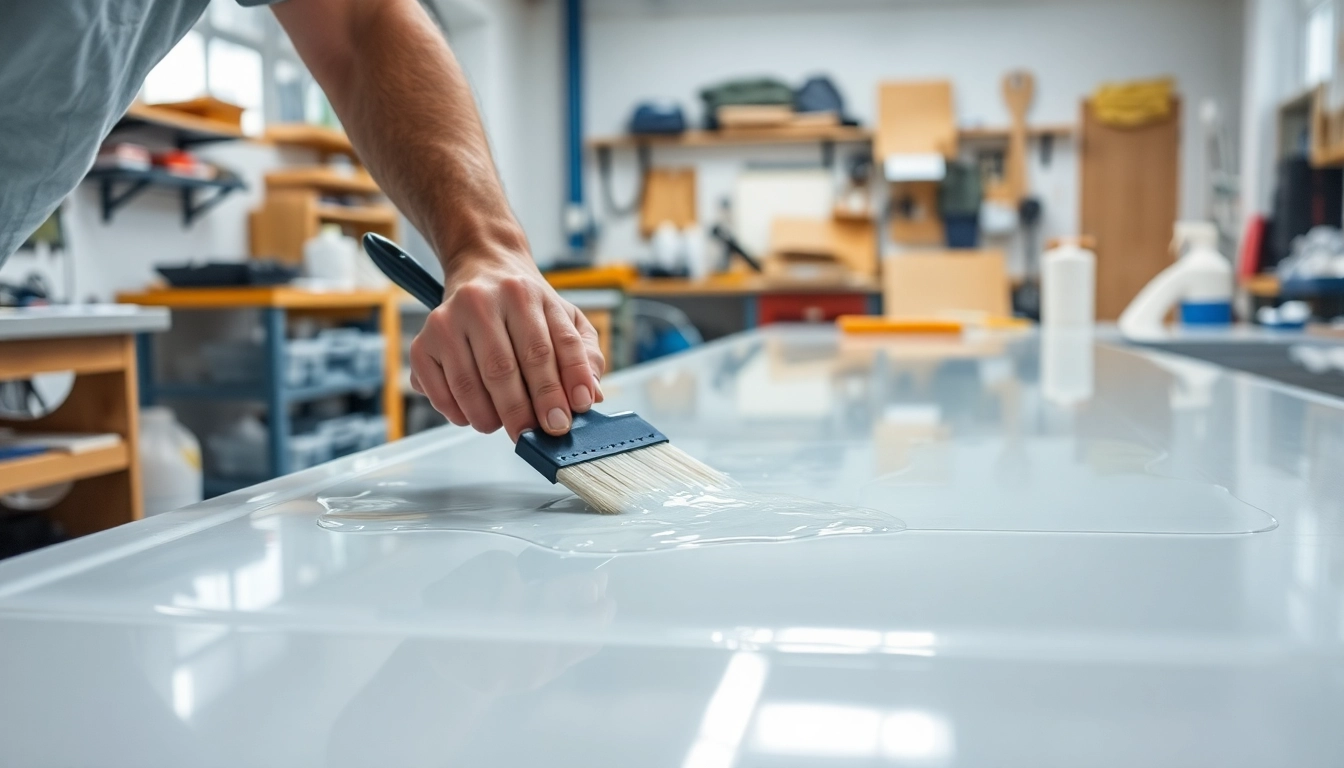Laminating resin application in a workshop demonstrating expert craftsmanship.