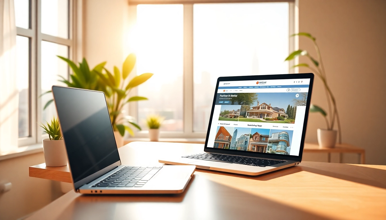 Engaging real estate blog workspace with a laptop and city view for vibrant content creation.