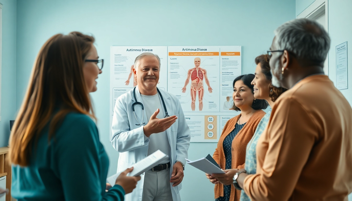 Engaging conversation about autoimmune disease in a clinic with a healthcare provider and diverse patients.