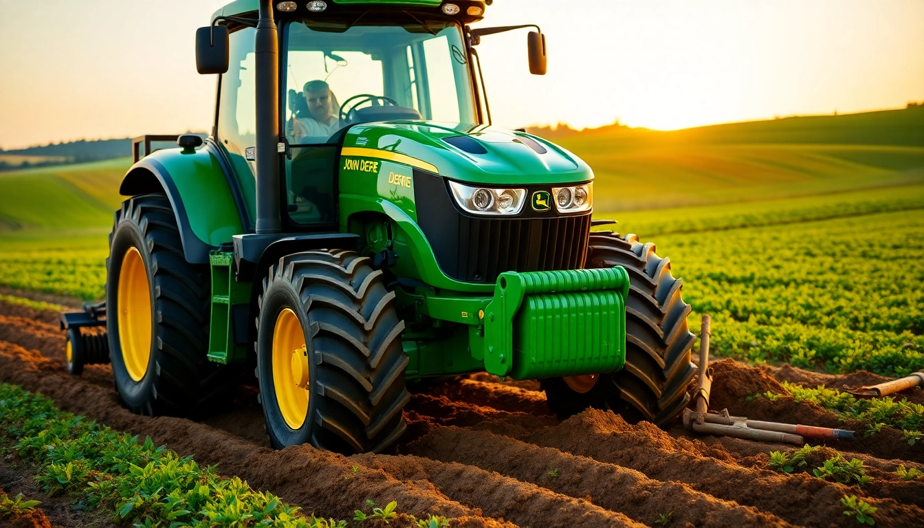 John Deere Traktor bei der Arbeit im Feld unter goldenem Licht mit fruchtbarem Boden.