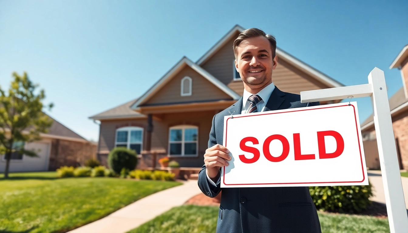 Sell my house fast okc with a professional real estate agent celebrating in front of a home.