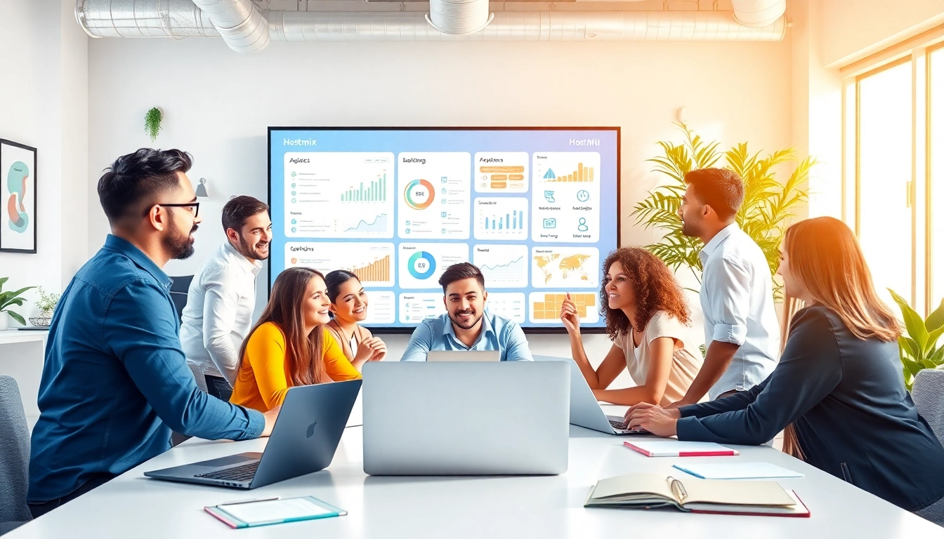 Enhance collaboration with hostmix.ai at a modern workspace featuring teamwork and innovation.