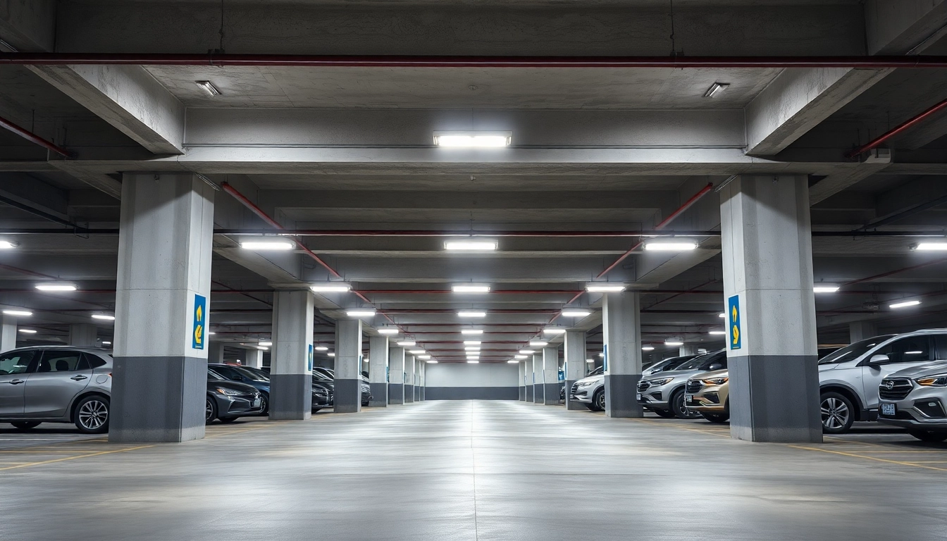 Showcasing the effectiveness of a Parking Garage Light illuminating a large underground parking structure.