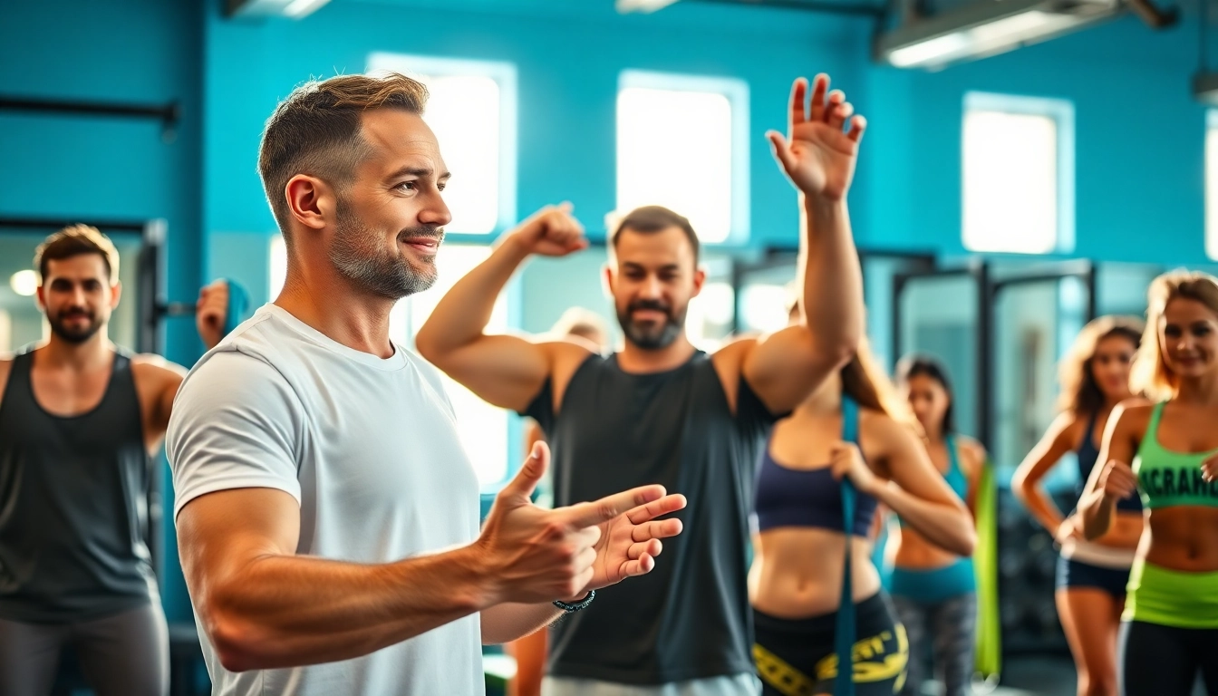 Personal trainer guiding clients through workout routines in a vibrant gym environment.