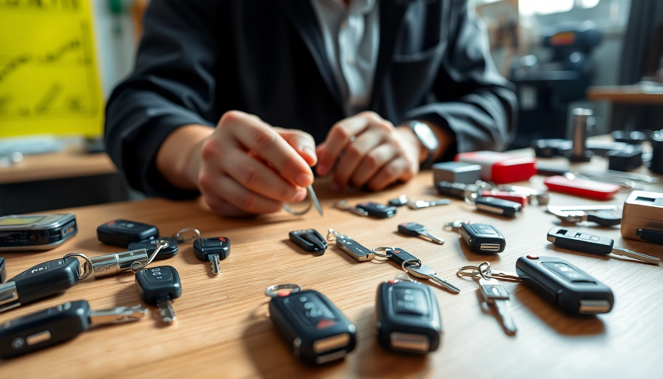Technician crafting replacement car keys with precision tools and equipment.