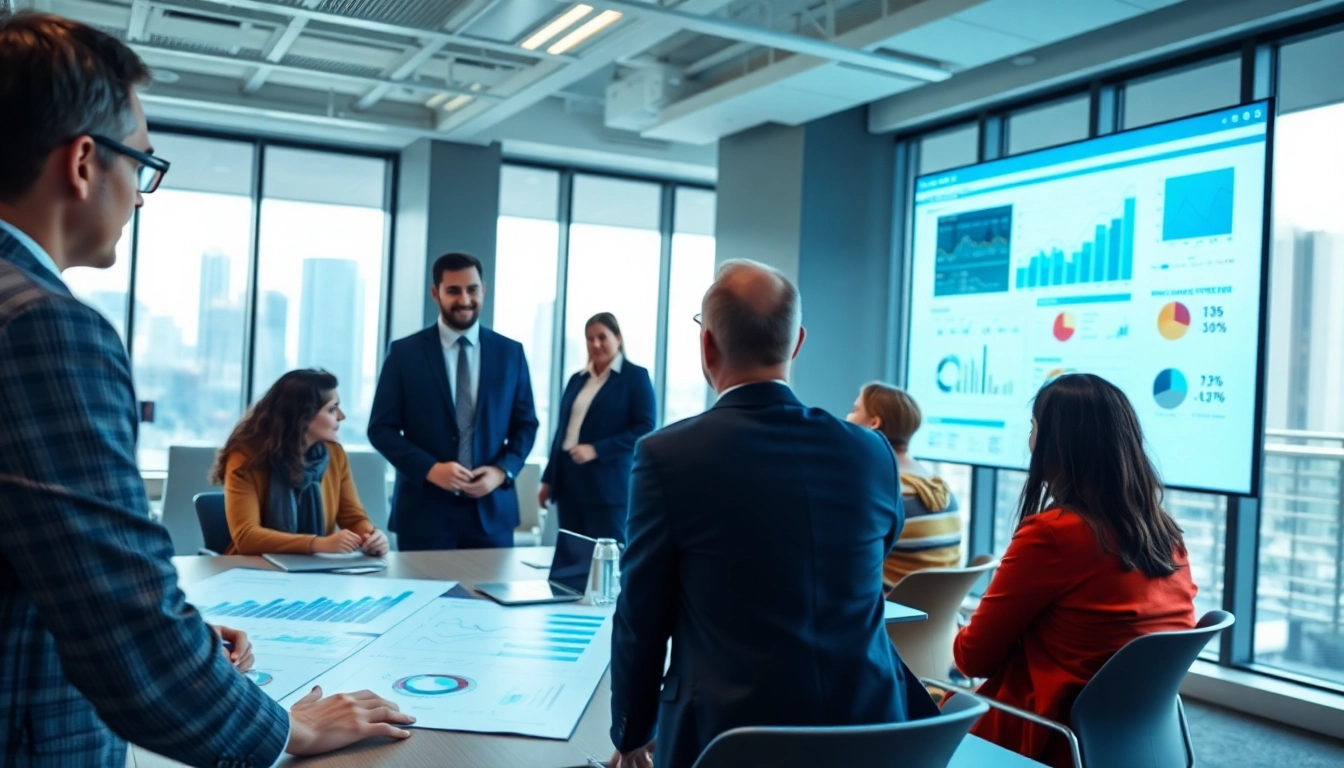 Analyzing competitive intelligence data in a professional business meeting environment.