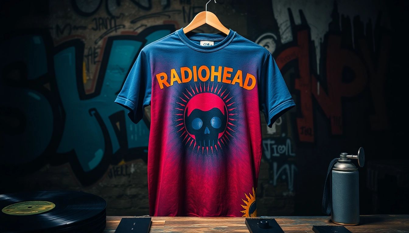 Showcase a unique Radiohead shirt design against an urban backdrop highlighting the band's artistic flair.