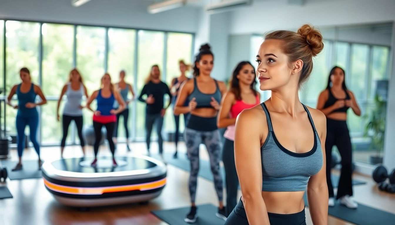 Engaged individuals demonstrating whole body vibration therapy on sleek platforms in a modern wellness setting.