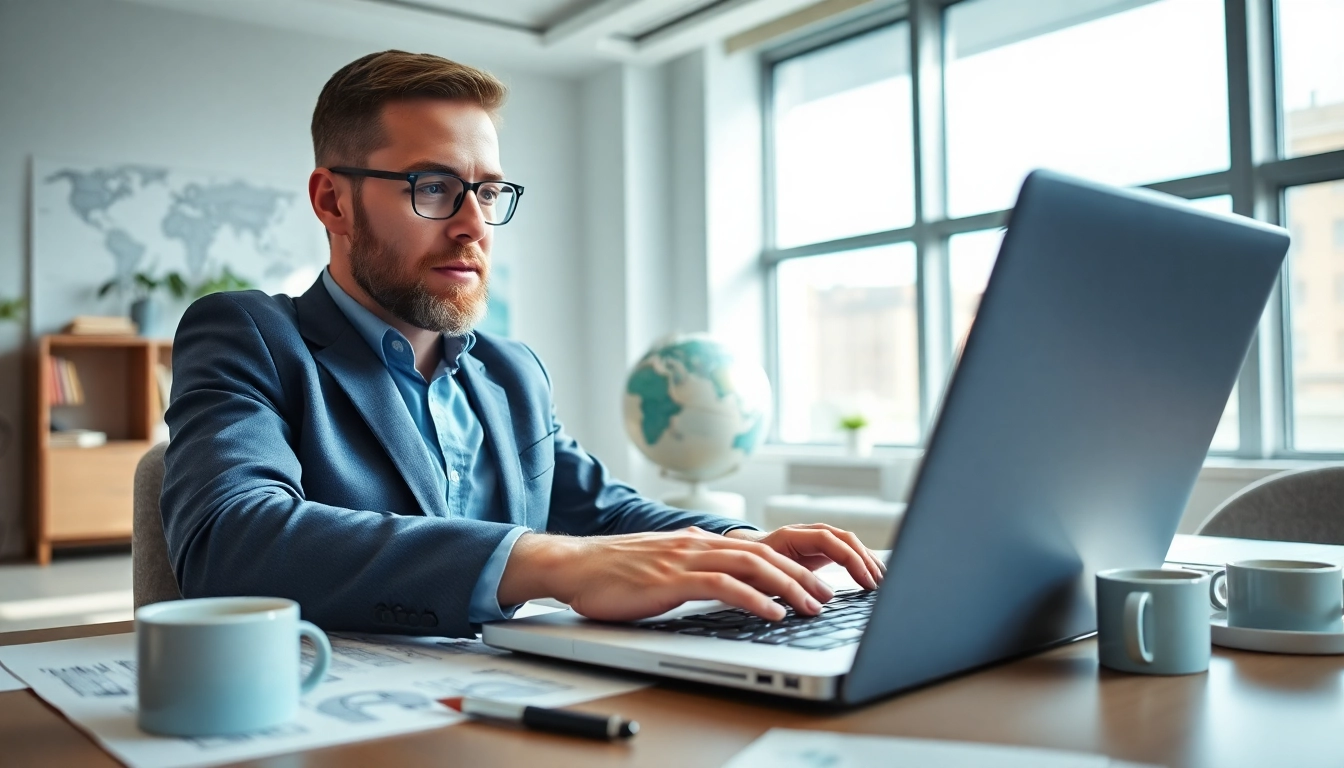 Engaging professional analyzing international property alerts on a laptop in a modern office.