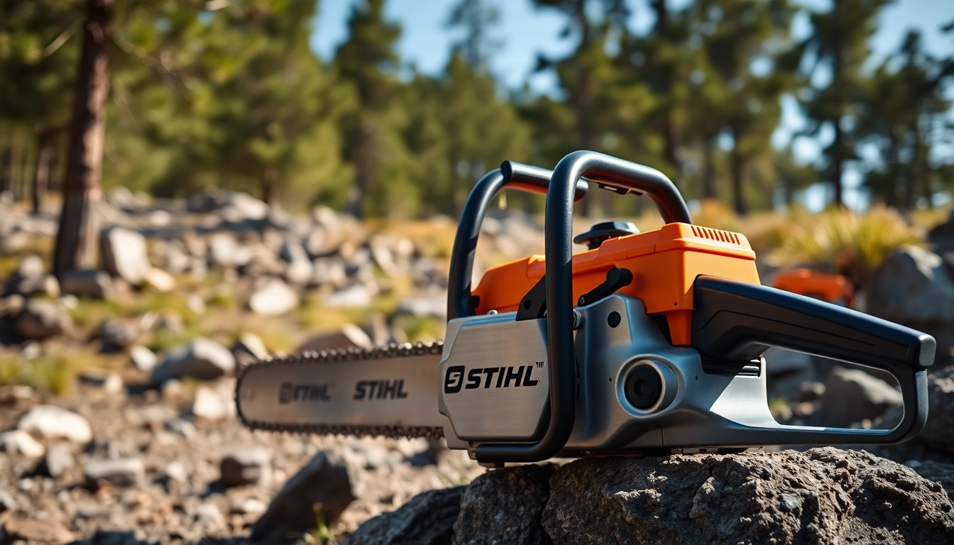 Stihl Motorsäge in Aktion, robustes Design und natürliche Atmosphäre beim Holzarbeiten.